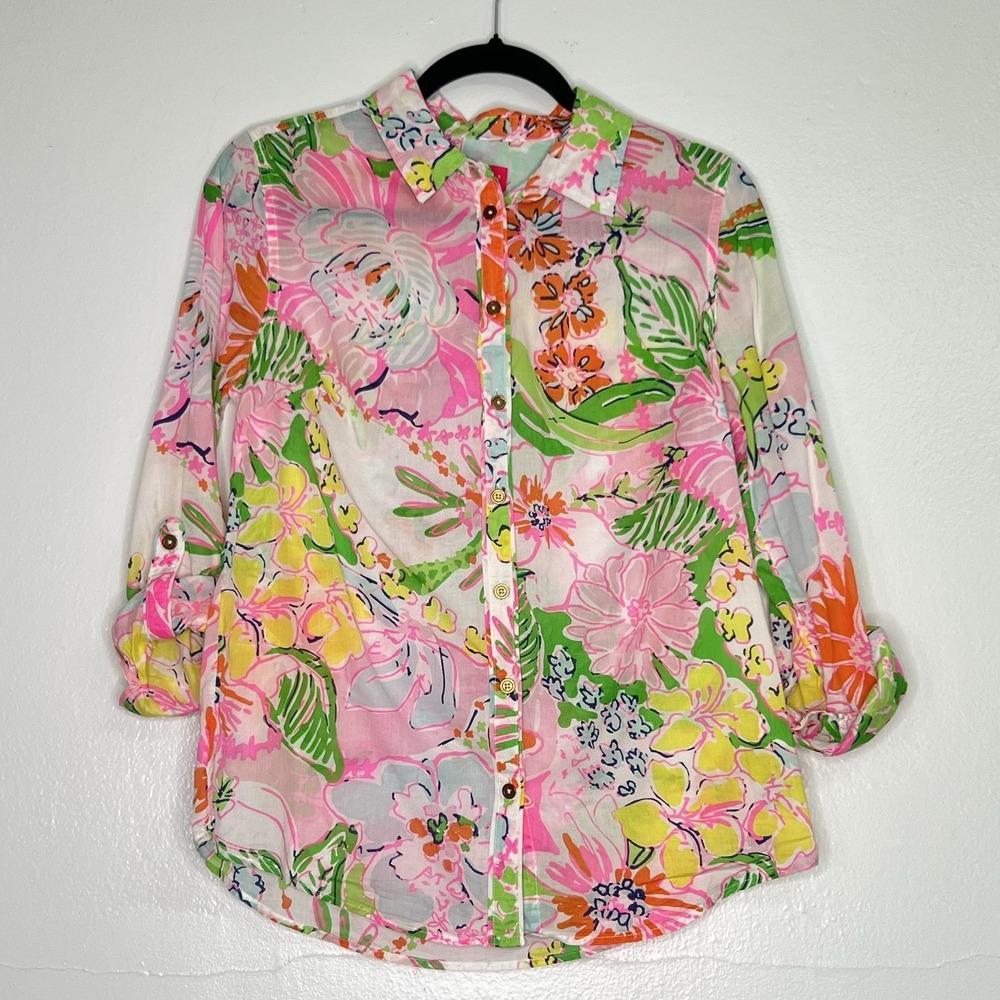 LILLY PULITZER Target Nosey Posey Floral Button‎ up Blouse Tab Sleeve Size Sz S